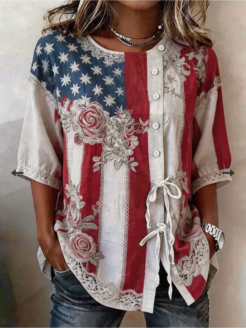 Women'S Independence Day Floral Printed Cotton And Linen Top XL